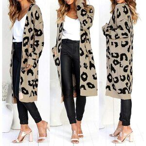 Leopard Print Knitted Long Open Front Cardigan Fall Sweater